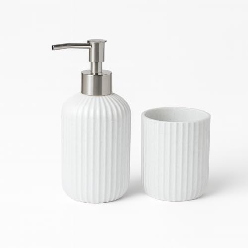 Image of LAGET Bathroom Accessories Set for Utility and Toothbrush Holder Bathroom Decor | Handwash Liquid Soap Dispenser Pump for Bathroom, Kitchen, Wash Basin, Sink Ribbed Design (White)