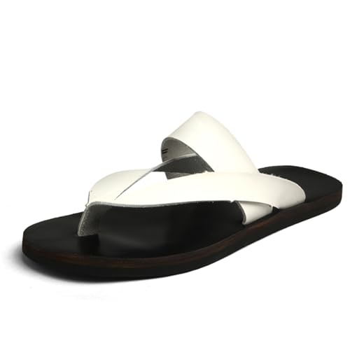 Mens Leather Flat Beach Thongs Sandals Comfortable Slip On Wide Width Ankle Strap Flat Flip Flops For Beach Vacation Casual Daily Summer Indoor Outdoor