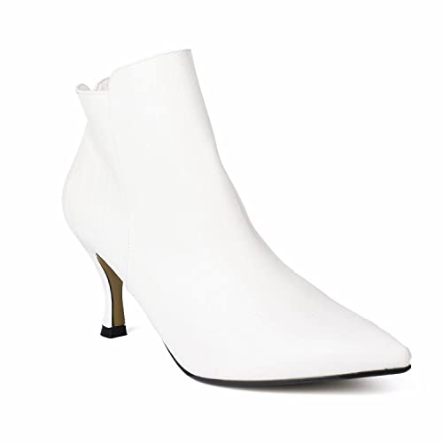 ComeShun Damen Stiefeletten mit Kätzchen-Absatz, klassisch, spitzer Zehenbereich, seitlicher Reißverschluss, weiß, 39 EU Cover