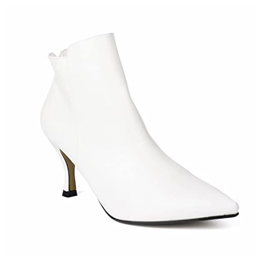 ComeShun Women Kitten Heel Ankle Boots Classic Pointed Toe Side Zip Booties White Size 9