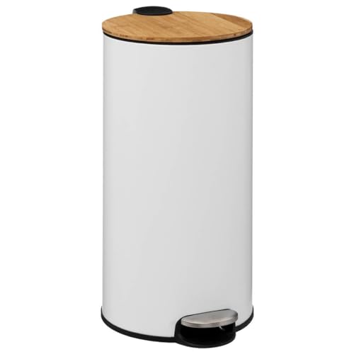 Five Poubelle 30 Litres en Métal Blanc et Couvercle en Bambou