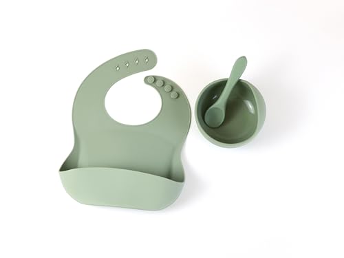 Evolve Heritage Collection Baby/Toddler Feeding 3pc Set: Baby Bowl with Suction, Silicone Bib, Baby Spoon. Baby Led Weaning Supplies. (Sage)