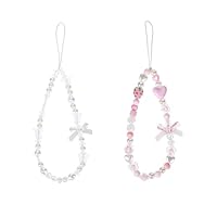 Jeqqinuz 2 Stück Handyanhänger Handykette Perlen Bag Charms, Handykette Kurz Cute Phone Charm Handy Anhänger Kette, Kameraanhänger, Handschlaufe Handyband für Frauen(Erdbeere&Schmetterling)