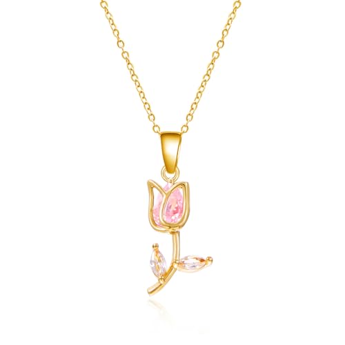 Image of coadipress Tulip Flower Pendant Necklace for Women Dainty Elegant Boho Temperament Crystal Tulip Necklace Trendy Statement Friendship Jewelry