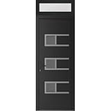 VDOMDOORS Front Exterior Prehung Metal-Plastic Door Frosted Glass | Manux 8933 Matte Black | Top Sidelite Transom | 30' x 94' (W30 x H80+14') Right Hand Inswing