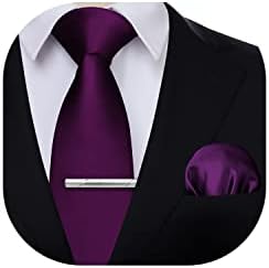 HISDERN Solid Color Tie and Pocket Square with Tie Clips Men's Wedding Party Necktie Handkerchief Set