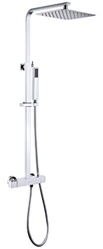 Columna de ducha WELQUIC, Columna de ducha termostática ajustable con mezclador termostático en altura Kit de ducha de columna de ducha mecánica en latón cromado macizo - Plata