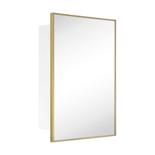Image of TEHOME 16.5'' x 24'' Brushed Gold Recessed and Surface Mount Bathroom Medicine Cabinet with Mirror Brushed Gold Square Cornered Metal Framed Rounded Rectangle Medicine Cabinet Mirror