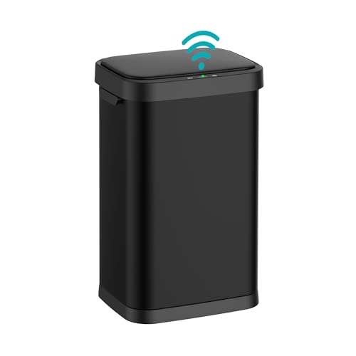 13 Gallon Stainless Steel Touchless Sensor Trash Can with, Wide Rectangular Design, Brushed Finish – Automatic Lid for Home, Office, Kitchen, Bathroom, and Commercial Use (Black)