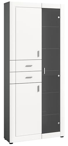 Newroom Vitrine Weiß Matt Grau Vitrinenschrank Modern Zeitlos - 194x80x34 cm (BxHxT) - Glasvitrine Glasschrank Standvitrine - [Mercury.Eleven] Wohnzimmer Schlafzimmer Büro Flur