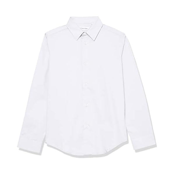 Calvin Klein Boys' Long Sleeve Slim Fit Dress Shirt, Style with Buttoned Cuffs & Shirttail Hem, White, 16