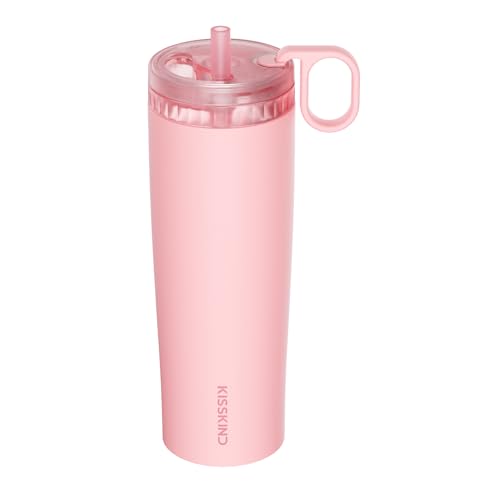 Image of KISSKIND 24 Oz Iced Coffee Tumbler with Hidden Straw, Insulated Stainless Steel Coffee Tumbler, Leakproof Ceramic Lined Travel Cup for Subway Commuting, Slim Cold Brew Tumbler for To-Go, Peach Sorbet