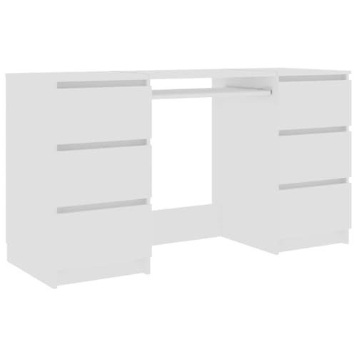 vidaXL Escritorio blanco con 6 cajones en madera de ingeniería, estación de trabajo para oficina en casa con amplio almacenamiento, mesa de estudio, escritorio de computadora, estilo escandinavo