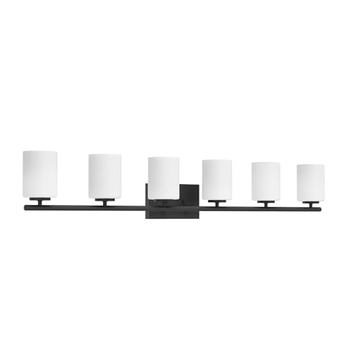 Image of Progress Lighting Replay Collection 48 in. 6-Light Textured Black Etched White Glass Modern Bath Vanity Light