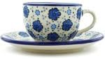 Polmedia Polish Pottery Cup with Saucer - Flowing Blues Pattern Handmade in Boleslawiec Poland by Ceramika Artystyczna + Certificate of Authenticity