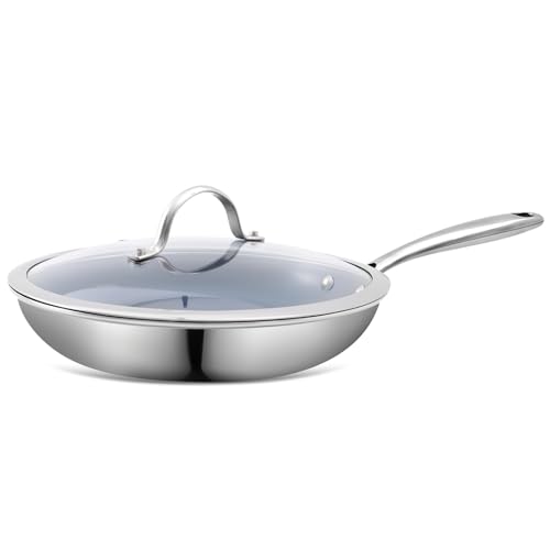 Sartén antiadherente de acero inoxidable,26 cm,saludable,revestimiento cerámico sin toxinas, con tapa, funciona en inducción, eléctrico y gas, sin PTFE, PFAS, PFOA,seguro para lavavajillas y horno.