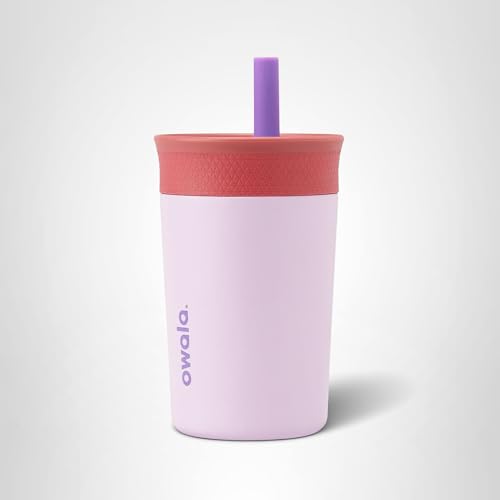 Owala Kids Insulation Stainless Steel Tumbler with Spill Resistant Flexible Straw, Easy to Clean, Kids Water Bottle, Great for Travel, Dishwasher Safe, 12 Oz, Pink and Purple (Lilac Rocket)
