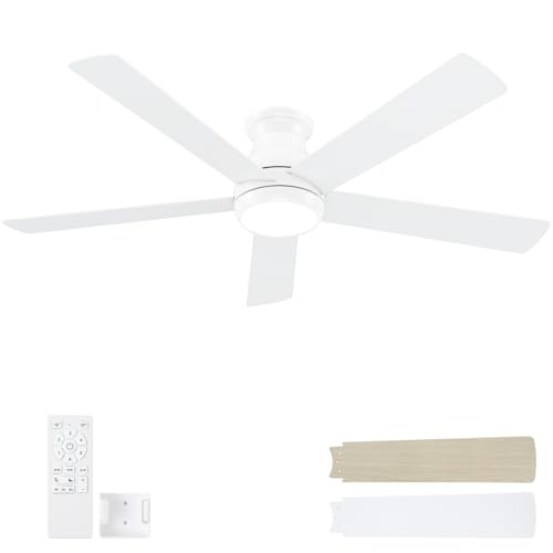 POCHFAN 60 Inch White Ceiling Fans with Lights and Remote, LED Low Profile Flush Mount Ceiling Fan for Bedroom, Living R