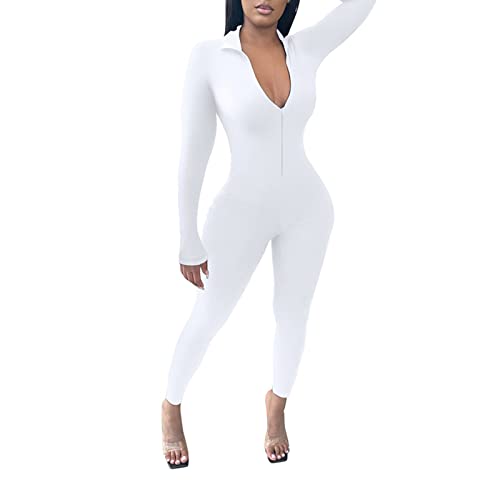 BIISDOST Mono de mujer para deporte, yoga, gimnasio, fitness, bodycon de manga larga, elástico, sexy, ajustado, traje de pantalón con cremallera, traje de trabajo de una pieza, Blanco, S