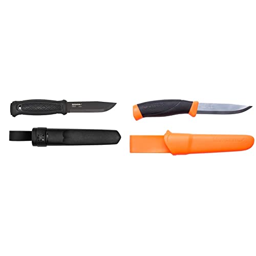 Morakniv Garberg Carbon Steel Full-Tang Fixed-Blade Survival Knife With Sheath, Black, 4.3 Inch & Companion Fixed Blade Outdoor Knife with Sandvik Stainless Steel Blade, 4.1-Inch, Orange (M-11824)