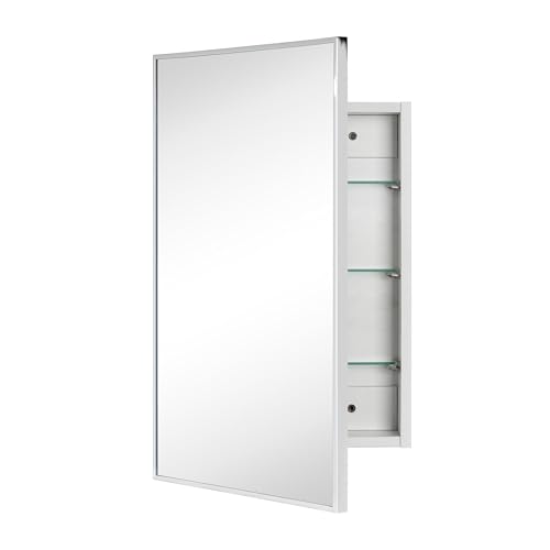 Image of TEHOME 17.5'' x 29'' Chrome Recessed and Surface Mount Bathroom Medicine Cabinet with Mirror Square Cornered Metal Framed Rounded Rectangle Medicine Cabinet Mirror