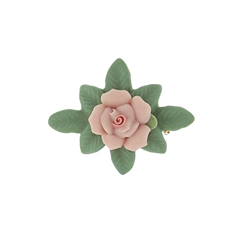 1928 Jewelry Pink Porcelain Rose And Green Leaf Bar Pin, Handcrafted Timeless Vintage Inpired Flowers, Great For Dresses, Scarfs, Hats, Lapels, 14K Gold Dipped, Made In USA