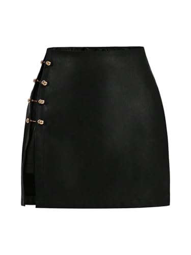 WDIRARA Women's Plus Size PU Leather Split Hem Grommet Eyelet Skirt Bodycon A Line Mini Skirt