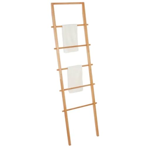 Tradineur - Toallero de pie de bambú, 5 peldaños, Escalera Decorativa, Porta Toallas, Soporte para apoyar en la Pared, baño, Aseo - 180 x 51 x 4 cm