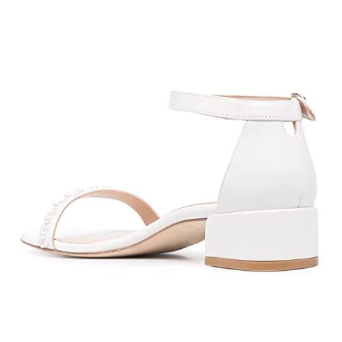 XYD Women Pearls Open Toe Strappy Low Block Heel Sandal Flats Ankle Strap with Buckle Wedding Bridal Dress Shoes4