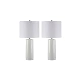 Ashley Furniture Signature Design -  Steuben Textured Ceramic Table Lamp Set with Drum Shades - Contemporary - Set of 2 - White