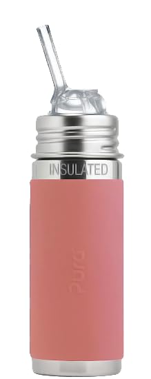 Pura Kiki 9oz/260 ml Stainless Steel Insulated Bottle w/Silicone Straw & Sleeve, 100% Plastic-Free, MadeSafe Certified, 100% Medical-Grade Silicone Straw for Kids, Toddlers, Babies & Infant - New Rose
