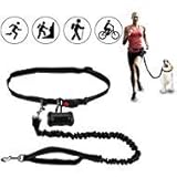 Hands Free Premium Running Dog Leash, Reflective Leash Adjustable Waist Belt + Strong Bungee Leash + Poop Bag Holder