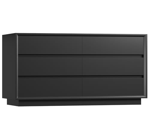 Image of TEENFON 55 inch Dresser for Bedroom with 6 Drawers, Black Dresser with Metal Slide, Bedroom Dressers, Wood Dressers & Chests of Drawers for Bedroom, Hallway, Black