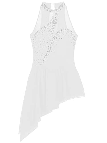 Foto von iEFiEL Damen Glitzer Ballettkleid Strass Kleid Rückenfrei Turnanzug Langarm Eiskunstlauf Kleider mit Aymmetrischer Rock A Weiß Ärmellos M