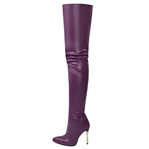 WOkismD Bottes Au-Dessus du Genou À Talons Aiguilles Sexy Automne Et Hiver Hauts pour Femmes en Cuir PU Bout Pointu Bottes pour Femmes À Glissière,Violet,41 EU Cover