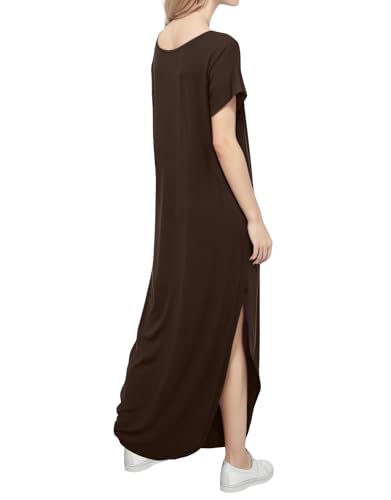 Image of Match Women's V-Neck Casual Loose Short Sleeve Long T-Shirt Dress Split Maxi Dress with Side Pocket