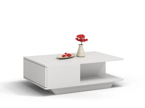 ADGO Denver Table basse rectangulaire moderne 90x60x42cm Petite table d'appoint basse pour le salon, table basse avec rangement, table à café géométrique Table de salon (Blanc brillant)