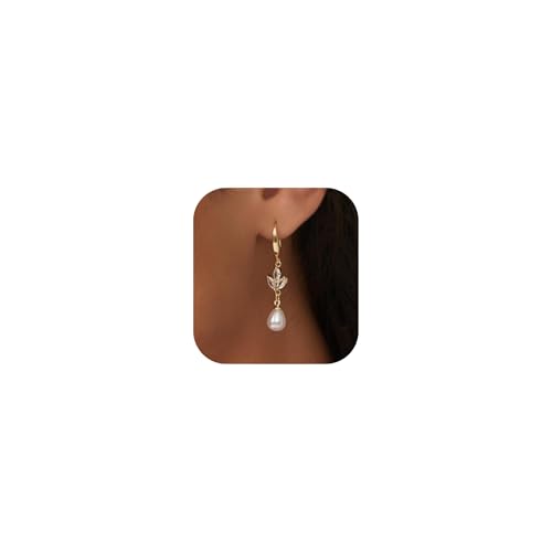 PRTGL Pearl Earrings: 14k Gold-plated Cubic Zirconia Accented Pearl Dangle Wedding Engagement Earrings For Women Bridal Bridesmaid Fish Hook