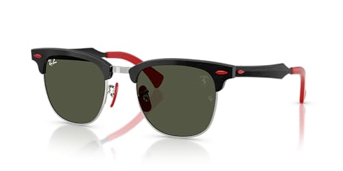 Ray-Ban RB3807M Scuderia Ferrari Collection Square Sunglasses, Brushed Black On Silver/Green, 51 mm