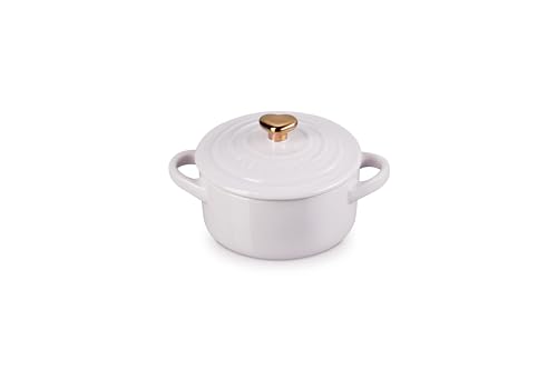 Le Creuset Mini cocotte redondo de gres, 8 onzas, chalota con perilla de corazón dorado