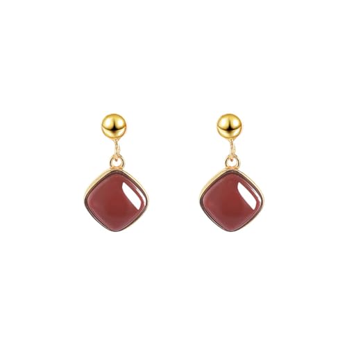 Créoles carrées en jade de Hetian et agate rouge pour femmes