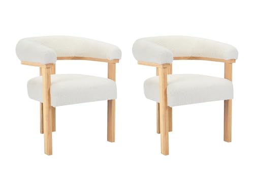PASCAL MORABITO - Lot de 2 chaises avec accoudoirs en Tissu Bouclette et Bois d'hévéa Naturel - Blanc - LIVELIA de