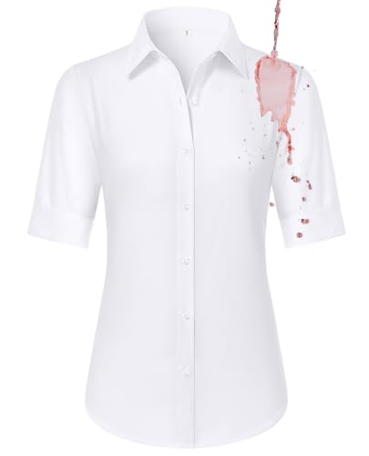 Ladies White Button Down Shirts Short Sleeve Button Up Collared Fitted Dress Blouses Tailored