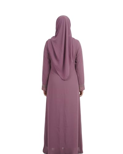 Image of Women's Elegant Embroidered Abaya - Modern Dusty Rose Kaftan Dress with Floral Lace Border - Modest Islamic Maxi Cardigan Robe for Eid, Weddings & Formal Occasions (Includes Matching Hijab)