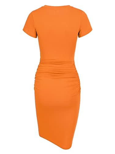 Laughido Ruched Tshirt Short Sleeve Dress Women's Knee Length Casual Bodycon Sundress (Orange, X-Large) #TOP1