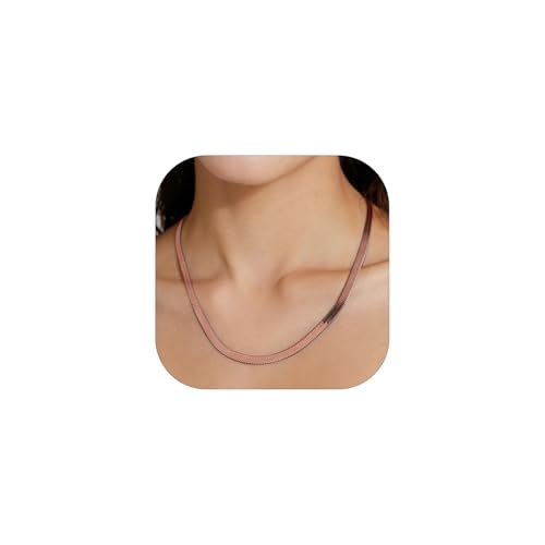 FindChic Stunning Choker Herringbone Chains for Women Stainless Steel 18K Gold/Rose Gold Plated Snake Chain Necklaces 3MM/5MM Width 12.5inch 15inch Adjustable, with Jewelry Box 5mm&rose gold
