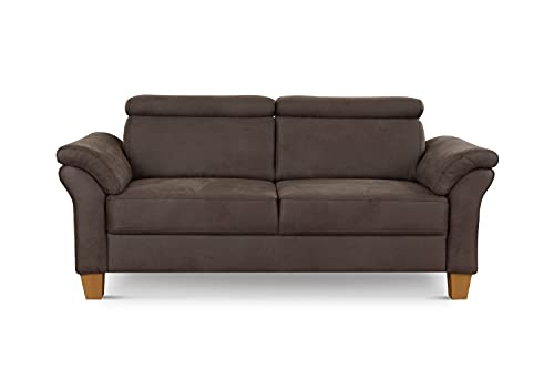 Cavadore 3-Sitzer-Sofa Ammerland / 3er-Couch im Landhausstil mit Federkern + verstellbaren Kopfstützen / 186 x 84 x 93 / Wildlederoptik, Braun – Bild 6