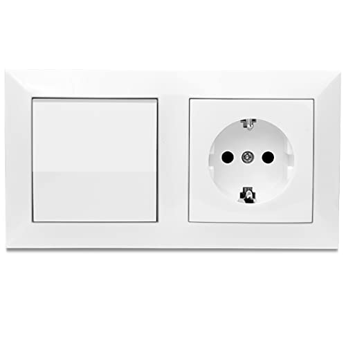 Enchufe Doble, Enchufe de Pared, Toma de Corriente Doble, Color Blanco, para Montaje en Superficie,10AX,16A,250V,1 Enchufe+1 Interruptor