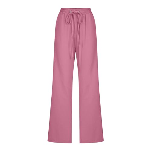 Image of Linen Pants Women High Waisted Drawstring Casual Pant Cotton Linen Straight Leg Lounge Trousers with Side Pockets