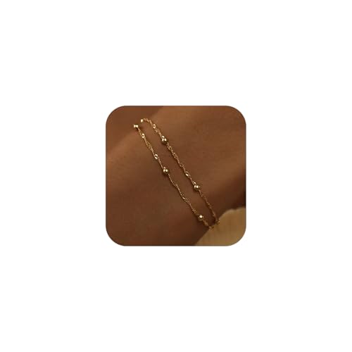 SLOONG Gold Pearl Bracelets for Women Trendy, 14K Real Gold Plated Dainty Stackable Snake Chain CZ Heart Pendant Bracelets, Layered Waterproof Jewelry Gift for Women Adjustable 6'+2'